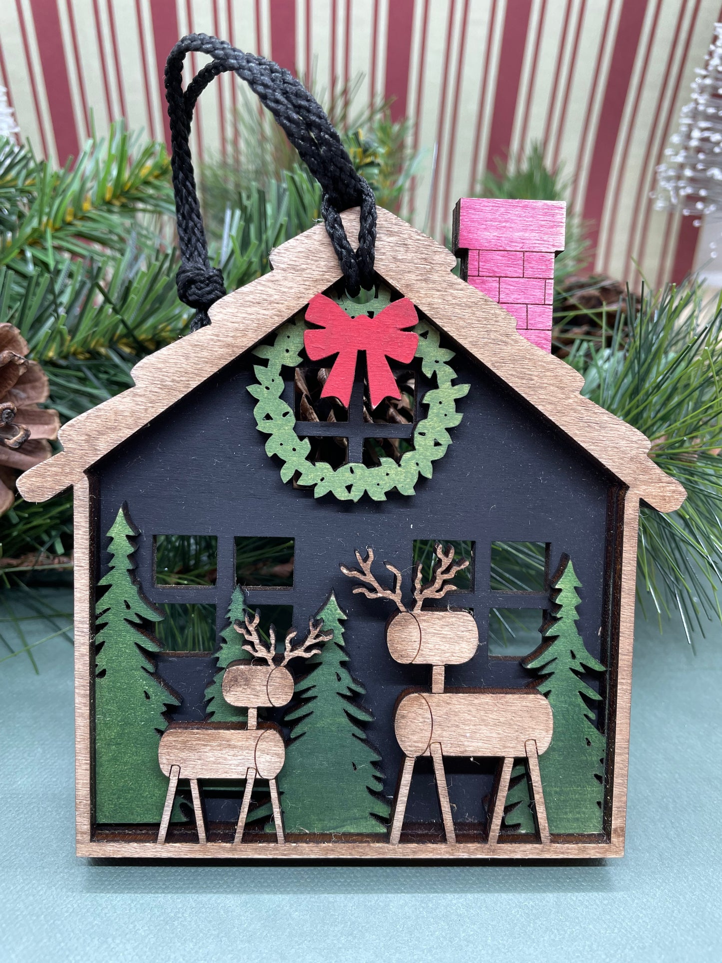 Layered Woodland Cabin & Deer Christmas Ornament