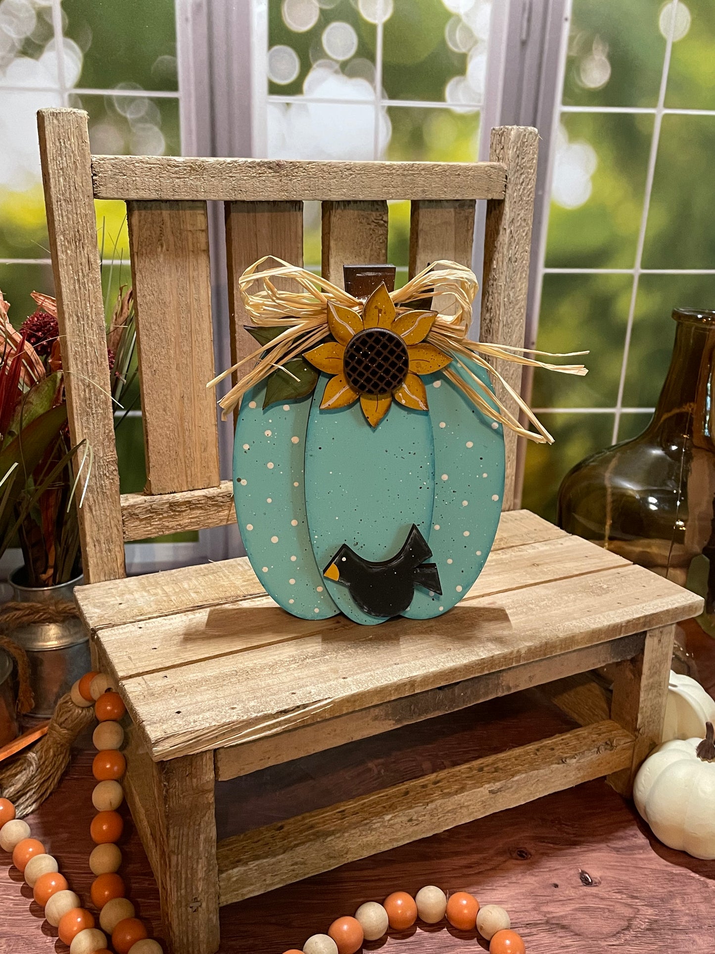 Teal Primitive Standing Wooden Pumpkin