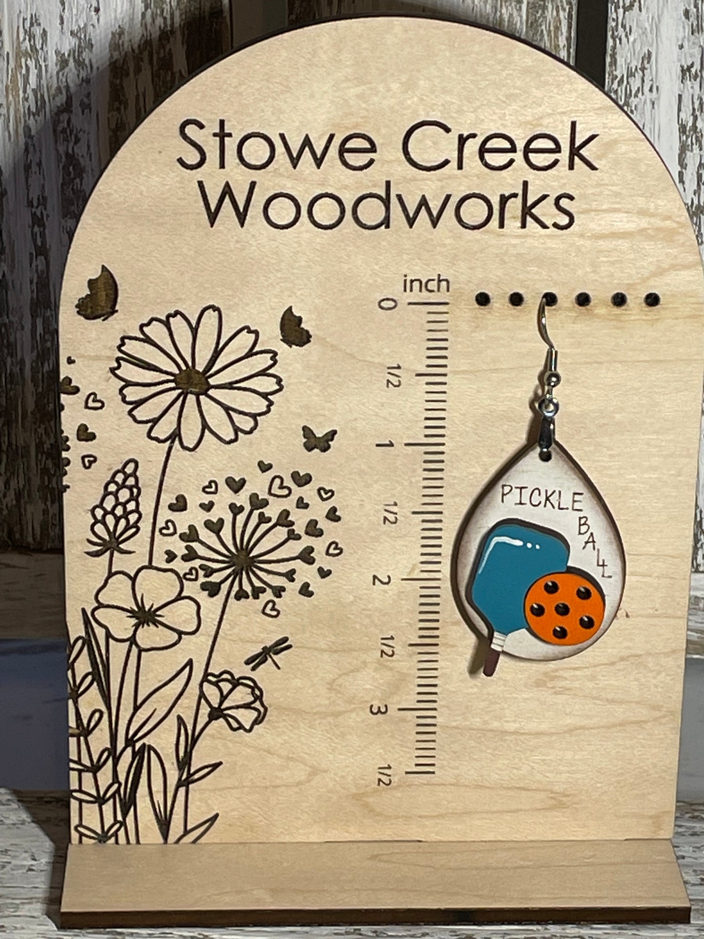 Pickle Ball Hand Painted and Engraved Wooden Earrings