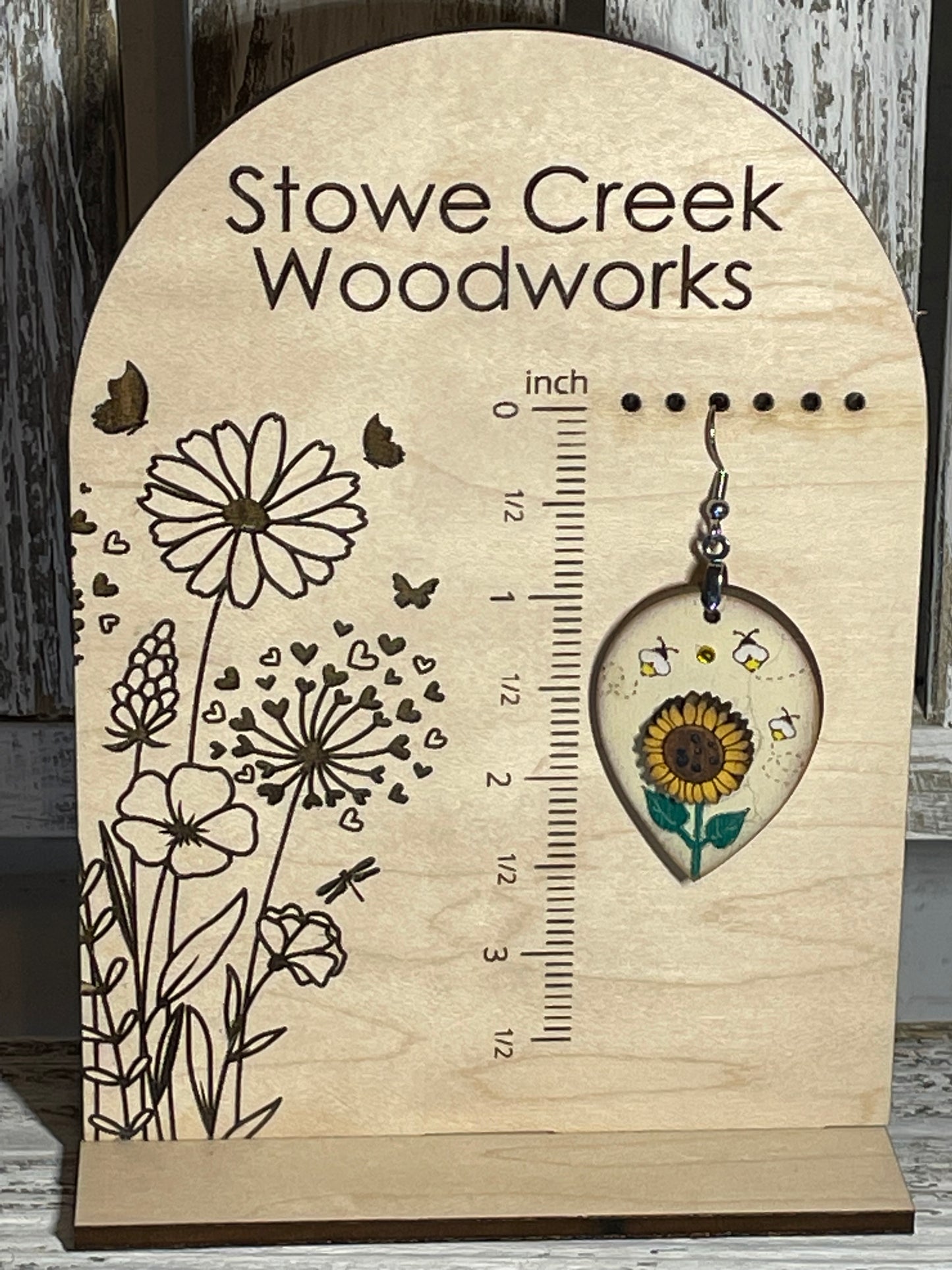 Sunflower and Bees Engraved Wooden Earrings