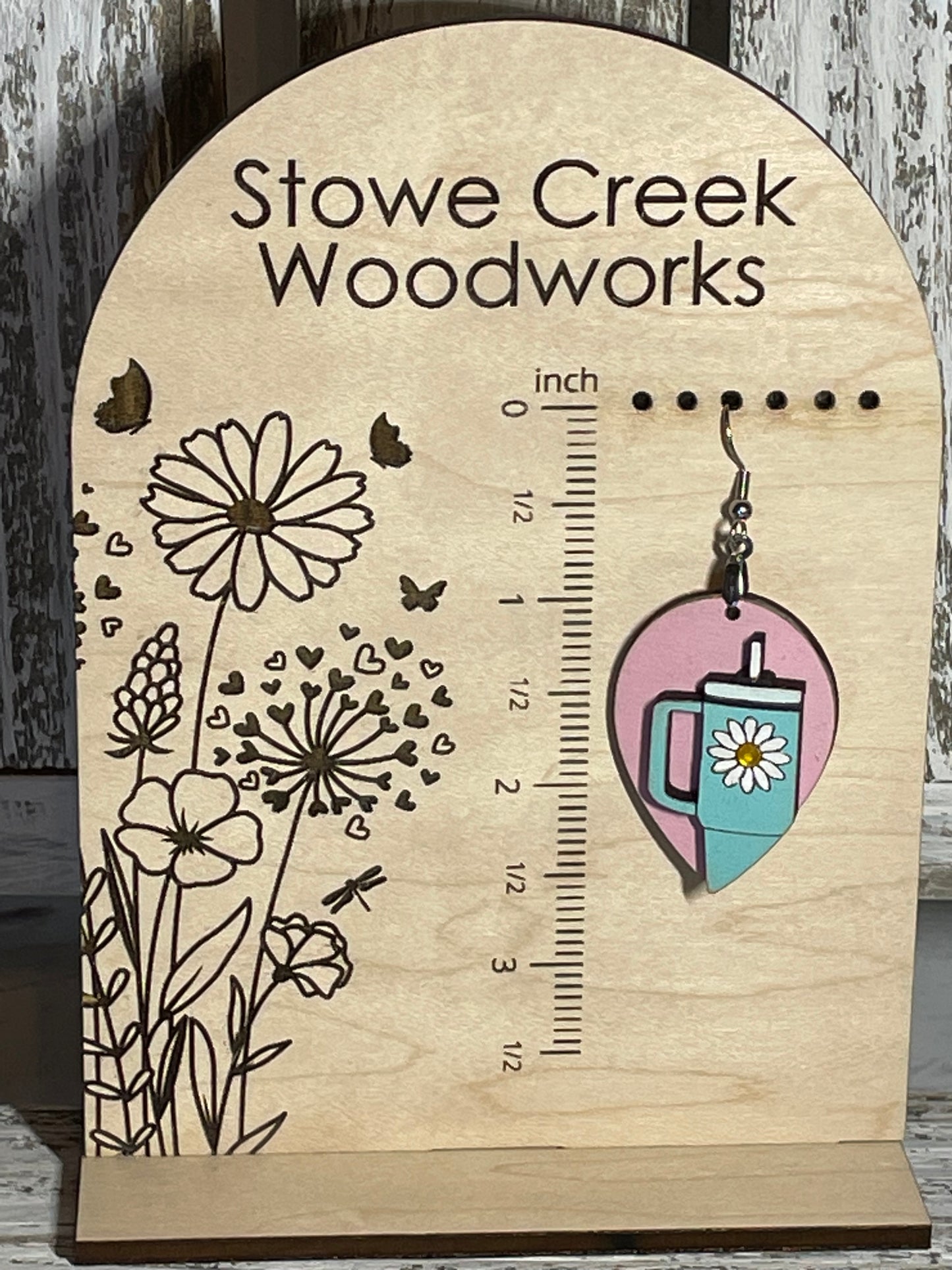 Large Drinking Mug Hand Painted and Engraved Wooden Earrings